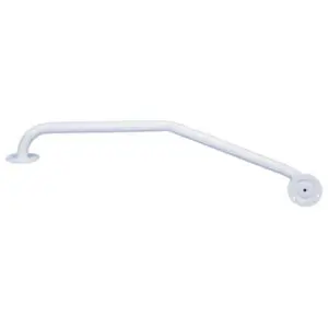 White metal grab rail with two mounting plates, designed for wall installation, featuring an angled shape for support and stability.