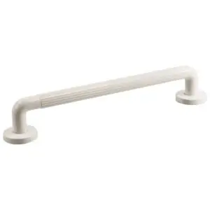 White metal grab rail with a ribbed grip and two circular mounting plates, designed for wall installation to provide support and stability.