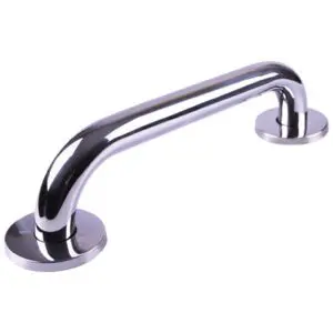 A stainless steel grab rail with a curved design and two circular mounting plates on each end.