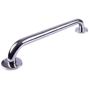 A chrome metal grab rail with rounded ends, mounted on two circular wall plates, shown against a white background.