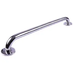 A stainless steel grab rail with a polished finish, mounted on two round bases.