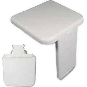 The Folding Shower Seat with Leg is shown in two positions: open for seating and folded flat against the wall. It features a rectangular shape with rounded edges and has a smooth white finish.