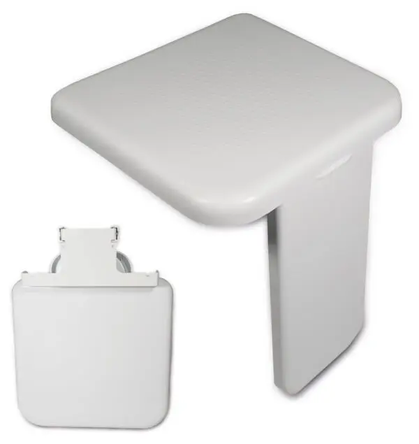 The Folding Shower Seat with Leg is shown in two positions: open for seating and folded flat against the wall. It features a rectangular shape with rounded edges and has a smooth white finish.