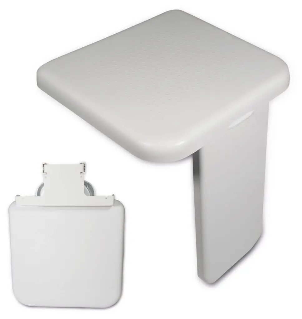 The Folding Shower Seat with Leg is shown in two positions: open for seating and folded flat against the wall. It features a rectangular shape with rounded edges and has a smooth white finish.