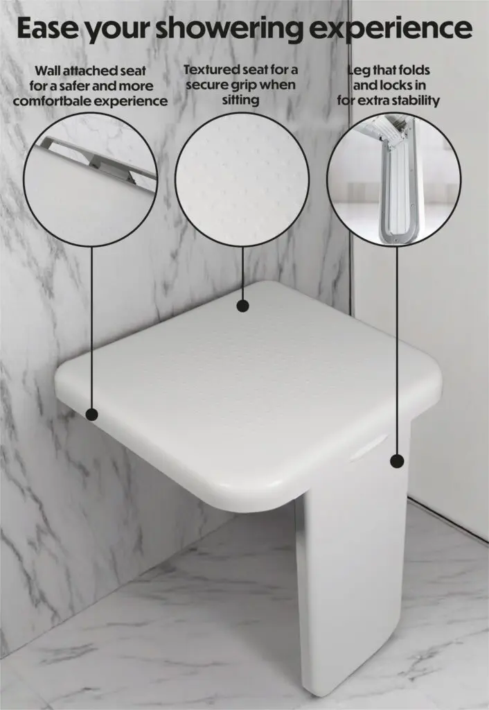 The Folding Shower Seat with Leg features a textured surface for grip and can be wall-mounted in a marble-tiled shower corner. Its foldable leg adds extra stability when in use.