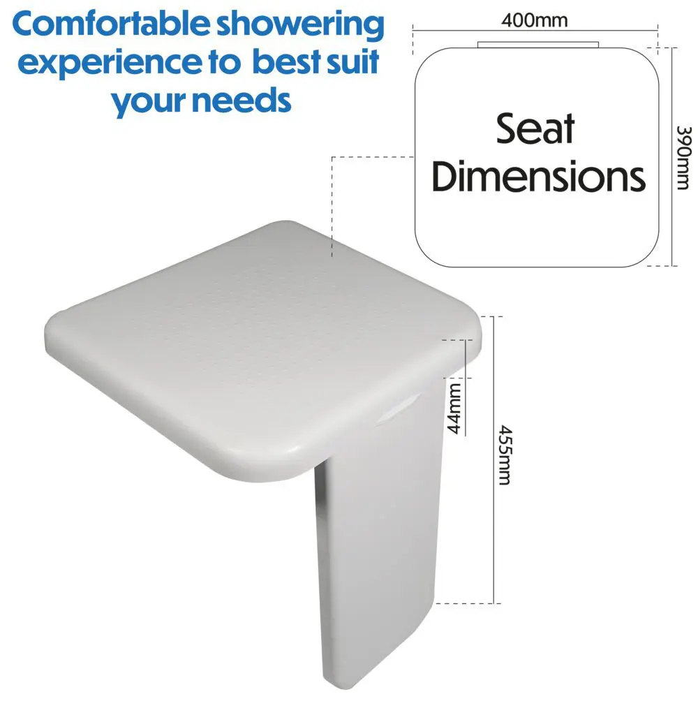 The Folding Shower Seat with Leg measures 400mm x 390mm, mounts to the wall, features a supportive vertical leg for stability, and is designed to enhance customisable shower experiences.