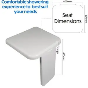 The Folding Shower Seat with Leg measures 400mm x 390mm, mounts to the wall, features a supportive vertical leg for stability, and is designed to enhance customisable shower experiences.