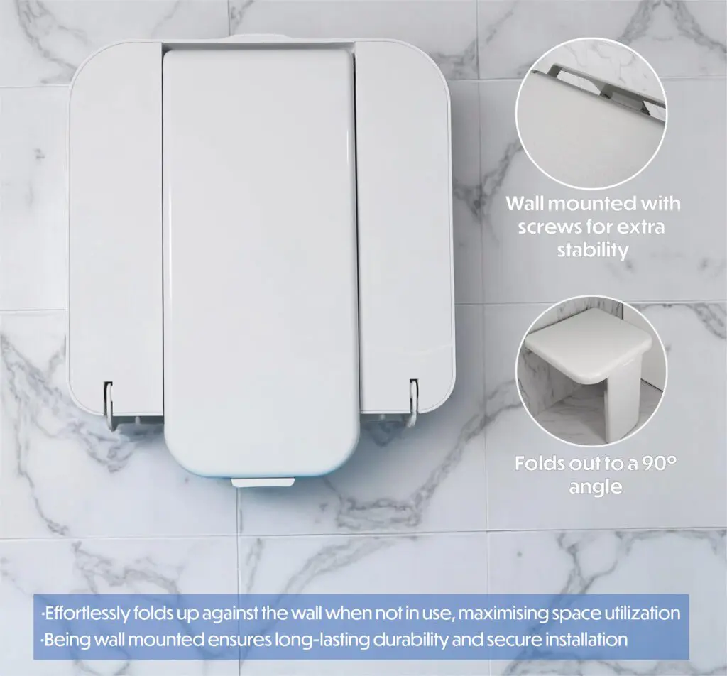 The Folding Shower Seat with Leg is shown folded up; inset images highlight its sturdy screws for stability and how it folds out to a 90-degree angle against a marble wall.