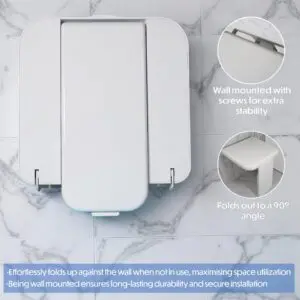 The Folding Shower Seat with Leg is shown folded up; inset images highlight its sturdy screws for stability and how it folds out to a 90-degree angle against a marble wall.