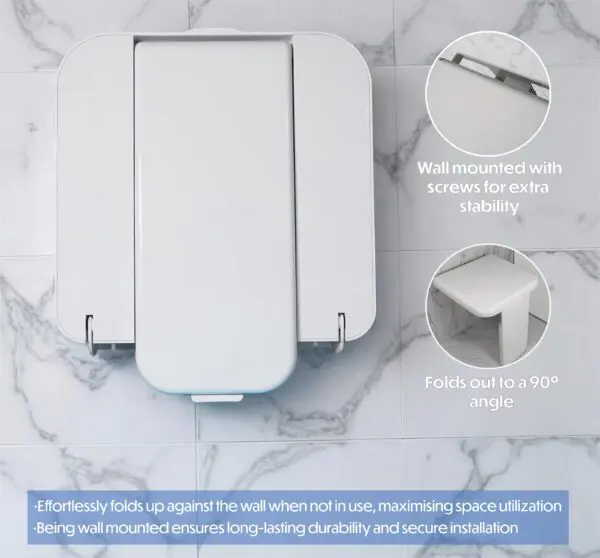 The Folding Shower Seat with Leg is shown folded up; inset images highlight its sturdy screws for stability and how it folds out to a 90-degree angle against a marble wall.