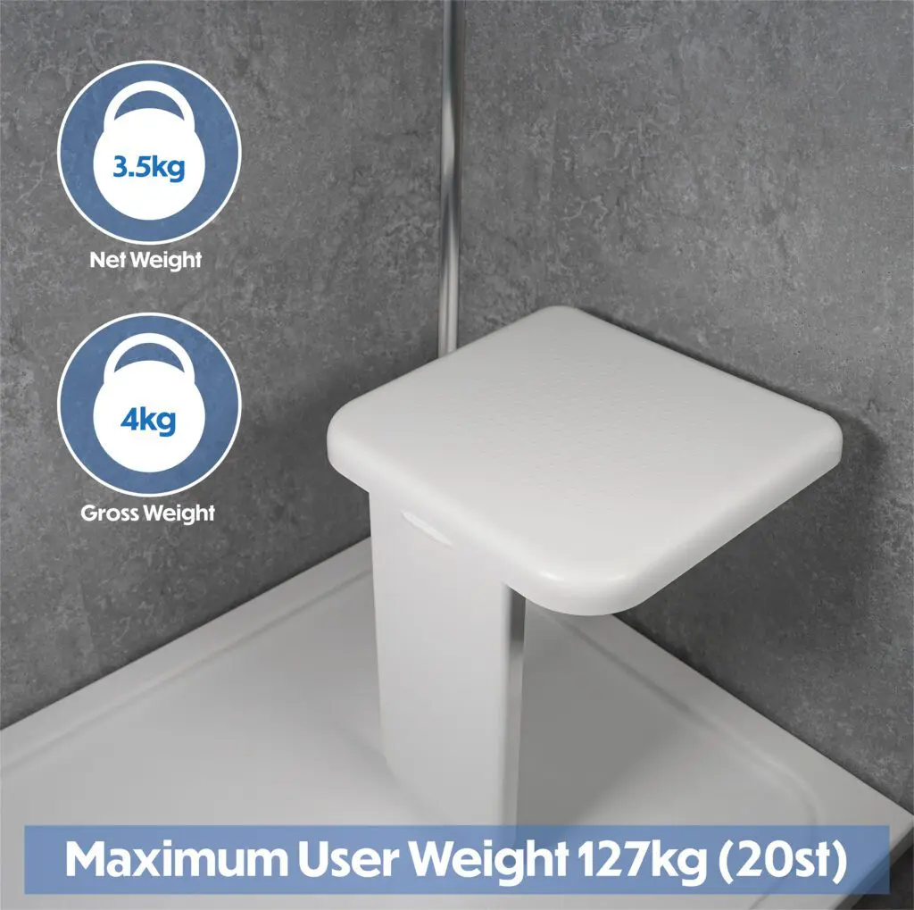Folding Shower Seat with Leg, shown in white, features weight icons: net weight 3.5 kg, gross weight 4 kg. Maximum user weight is 127 kg (20 st).