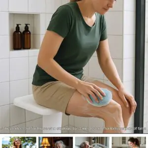 A woman uses the Folding Shower Seat with Leg to wash her leg. Images show it benefits people with disabilities, elderly users, post-op patients, and pregnant women.