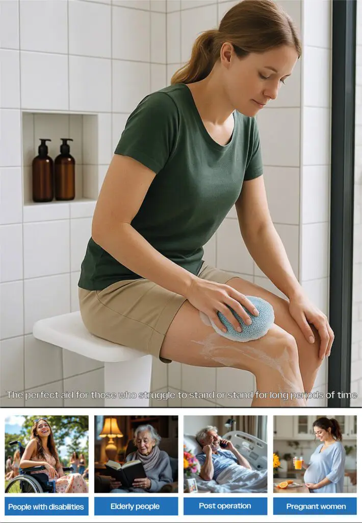 A woman uses the Folding Shower Seat with Leg to wash her leg. Images show it benefits people with disabilities, elderly users, post-op patients, and pregnant women.