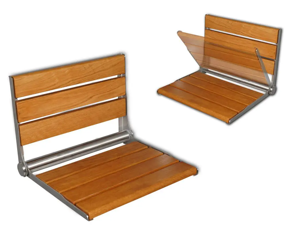 Two Wooden Slatted Shower Seats in Oak with metal frames are shown: one upright, the other folded down.