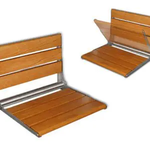 Two Wooden Slatted Shower Seats in Oak with metal frames are shown: one upright, the other folded down.