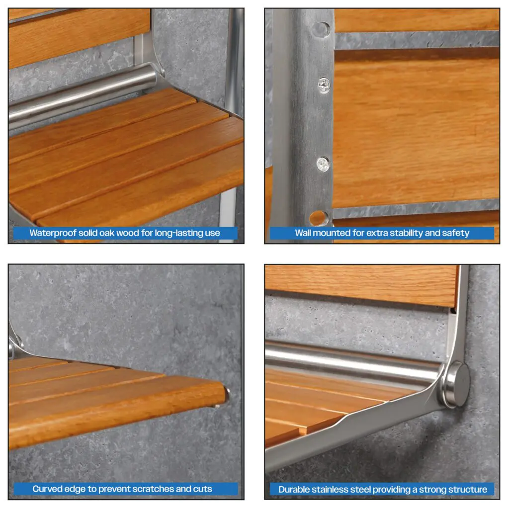 Four close-up images showcase the Wooden Slatted Shower Seat in Oak, highlighting its waterproof oak slats, strong wall-mount design, smooth curved edge, and robust stainless steel frame.