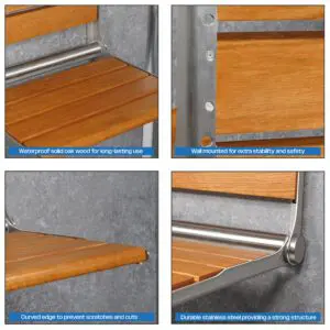 Four close-up images showcase the Wooden Slatted Shower Seat in Oak, highlighting its waterproof oak slats, strong wall-mount design, smooth curved edge, and robust stainless steel frame.