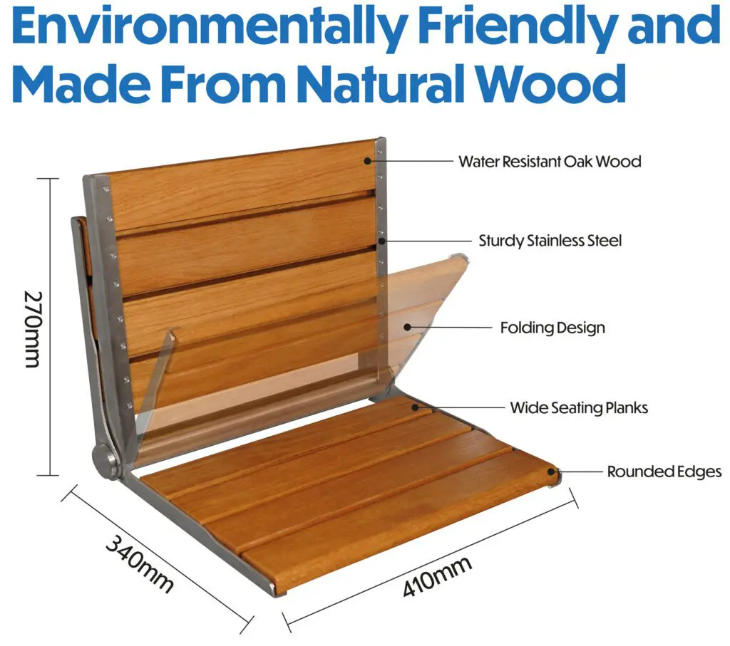 The Wooden Slatted Shower Seat in Oak is a foldable chair crafted from water-resistant oak and stainless steel, featuring wide seating slats, rounded edges, and labelled dimensions.