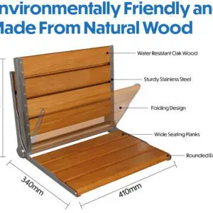 The Wooden Slatted Shower Seat in Oak is a foldable chair crafted from water-resistant oak and stainless steel, featuring wide seating slats, rounded edges, and labelled dimensions.