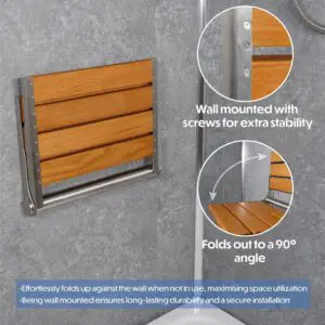 The Wooden Slatted Shower Seat in Oak features a sturdy metal frame, secure screws, and a space-saving wall-mounted design. Shown folded flat against the wall and partially opened to 90°, it combines practicality with an elegant oak finish.