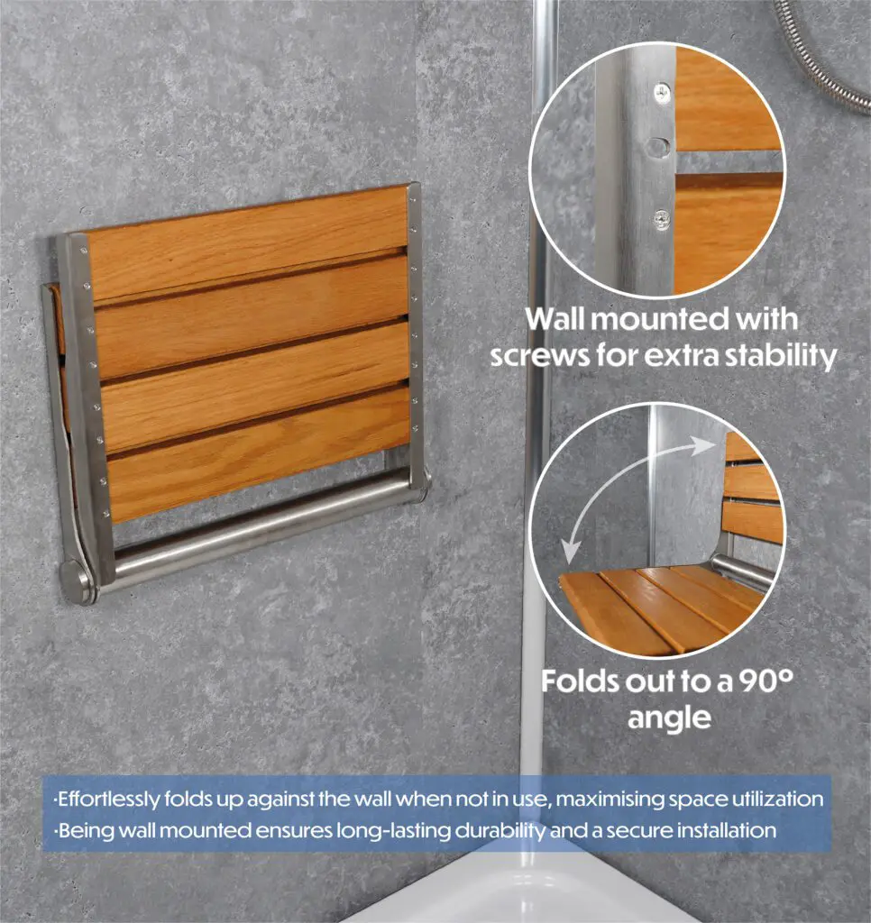 The Wooden Slatted Shower Seat in Oak features a sturdy metal frame, secure screws, and a space-saving wall-mounted design. Shown folded flat against the wall and partially opened to 90°, it combines practicality with an elegant oak finish.