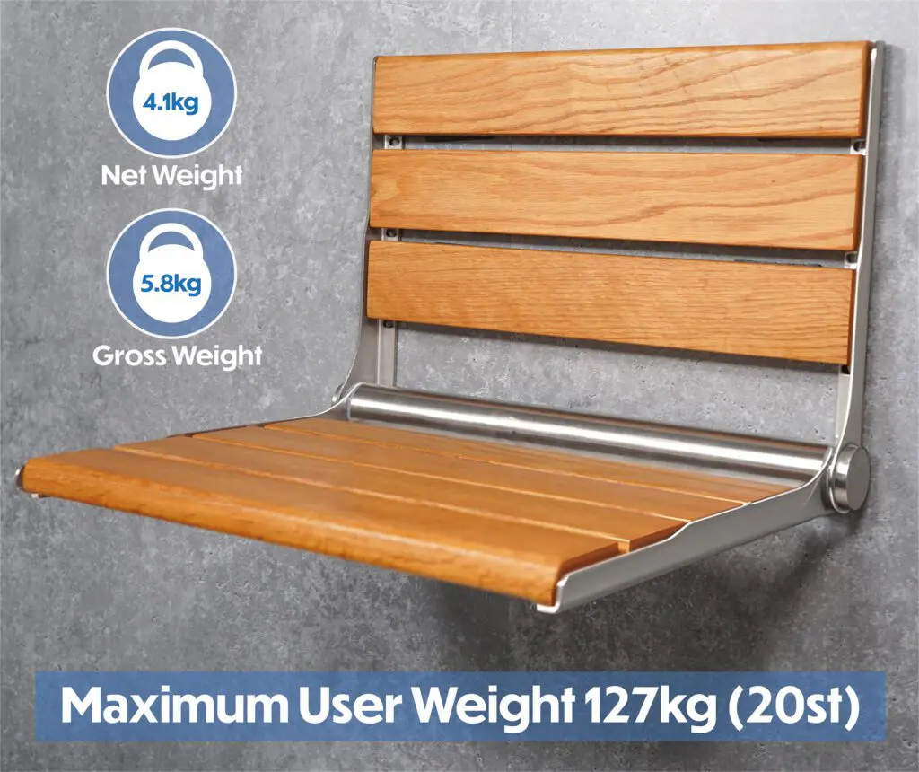 The Wooden Slatted Shower Seat in Oak is wall-mounted and foldable, with a net weight of 4.1kg, a gross weight of 5.8kg, and supports up to 127kg (20st).