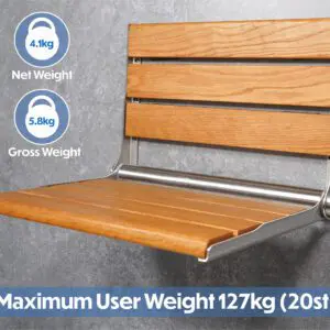 The Wooden Slatted Shower Seat in Oak is wall-mounted and foldable, with a net weight of 4.1kg, a gross weight of 5.8kg, and supports up to 127kg (20st).