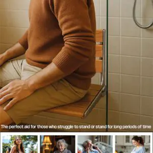 A person sits on the Wooden Slatted Shower Seat in Oak in a tiled bathroom—ideal for people with disabilities, elderly users, post-surgery patients, and pregnant women.