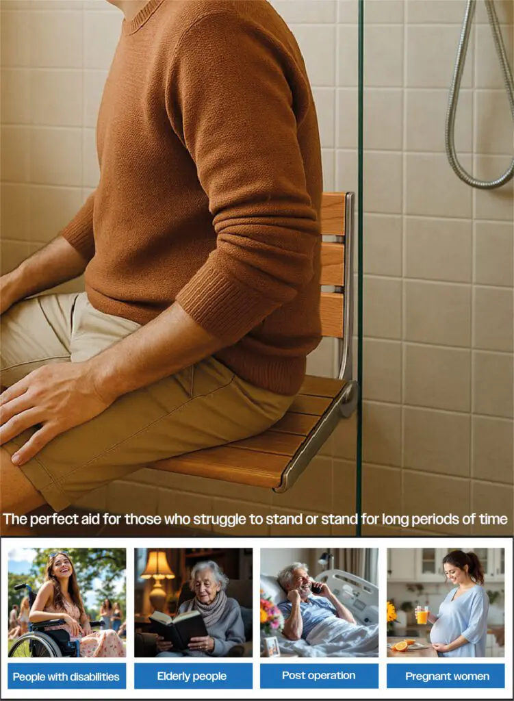 A person sits on the Wooden Slatted Shower Seat in Oak in a tiled bathroom—ideal for people with disabilities, elderly users, post-surgery patients, and pregnant women.