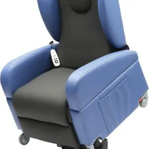 The Brookfield Dual Motor Rise & Recliner Chair features blue and black upholstery, castors, armrest remote control, side pocket, and a lifting base mechanism for adjustable seat height.