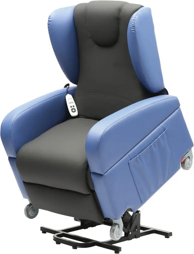The Brookfield Dual Motor Rise & Recliner Chair features blue and black upholstery, castors, armrest remote control, side pocket, and a lifting base mechanism for adjustable seat height.