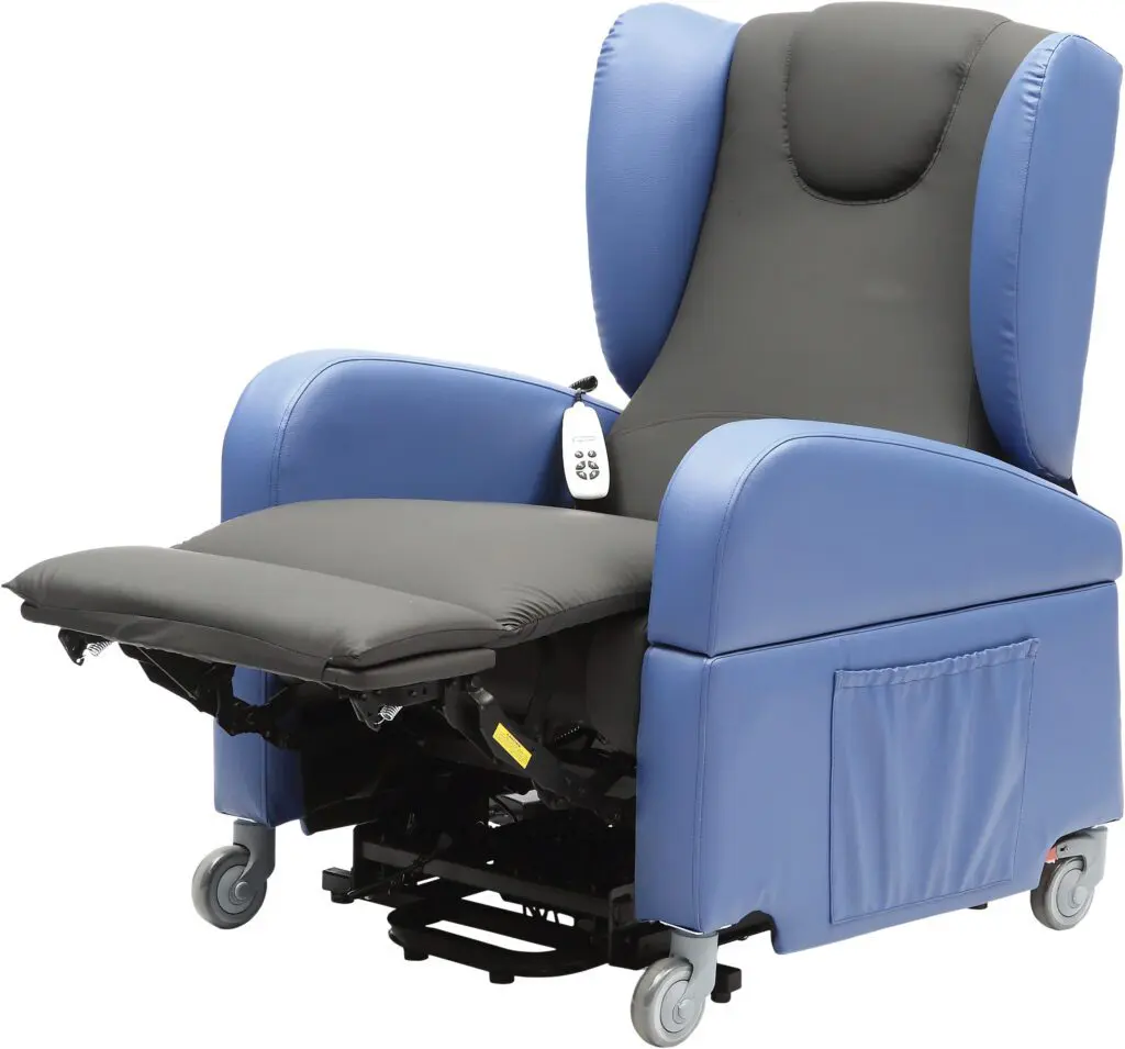 The Brookfield Dual Motor Rise & Recliner Chair features blue and black upholstery, padded armrests, an extended leg rest, side pocket, castor wheels, and a remote control for easy operation.