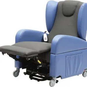 The Brookfield Dual Motor Rise & Recliner Chair features blue and black upholstery, padded armrests, an extended leg rest, side pocket, castor wheels, and a remote control for easy operation.