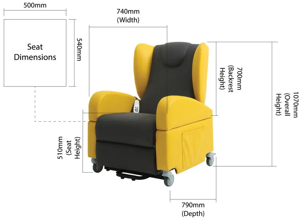 The Brookfield Dual Motor Rise & Recliner Chair, in yellow and black with castors, features labelled dimensions: 740mm width, 790mm depth, 1070mm height, 510mm seat height, and 700mm backrest height.