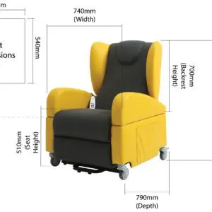 The Brookfield Dual Motor Rise & Recliner Chair, in yellow and black with castors, features labelled dimensions: 740mm width, 790mm depth, 1070mm height, 510mm seat height, and 700mm backrest height.