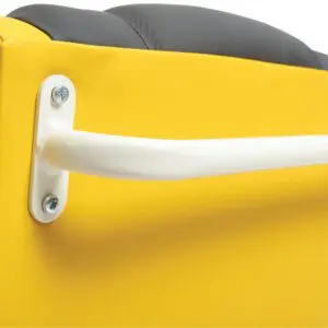 Close-up of a white metal handle secured with screws to the side of the yellow and black cushioned Brookfield Dual Motor Rise & Recliner Chair.