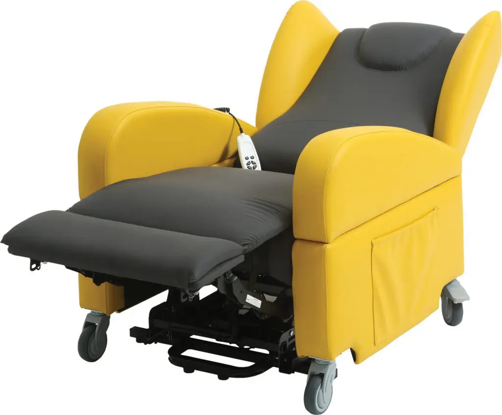 The Brookfield Dual Motor Rise & Recliner Chair is a yellow and black medical chair with an extended footrest, side pocket, remote control, and four castors.