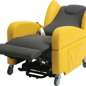 The Brookfield Dual Motor Rise & Recliner Chair is a yellow and black medical chair with an extended footrest, side pocket, remote control, and four castors.