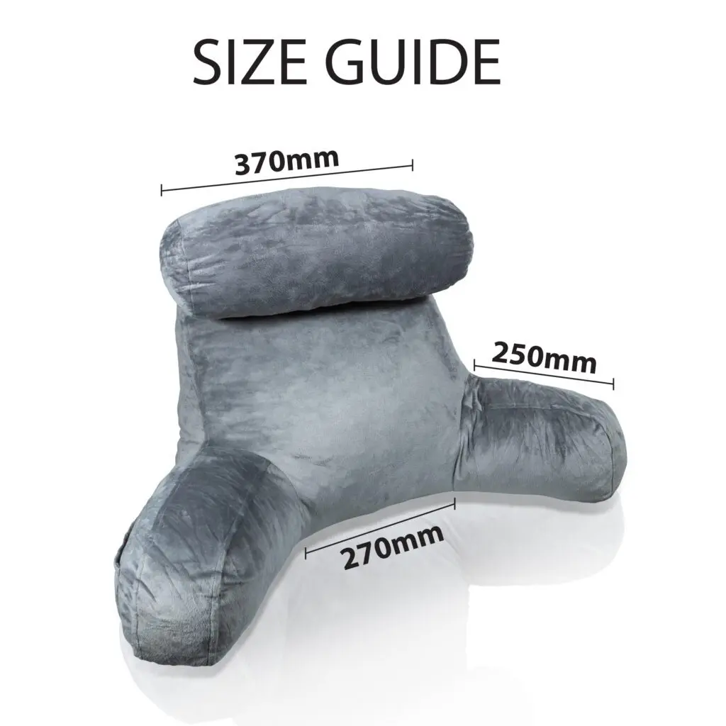 Reading cushion with headrest and back support in grey shown on white background. Size guide: 370mm height, 270mm base, 250mm arm length.