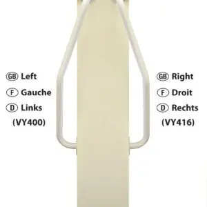 Two Newel Curved Rails are mounted on opposite sides of a vertical pole, labelled "left" (VY400) and "right" (VY416) in English, French, and German.