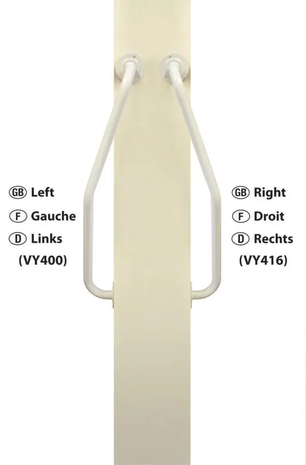 Two Newel Curved Rails are mounted on opposite sides of a vertical pole, labelled "left" (VY400) and "right" (VY416) in English, French, and German.