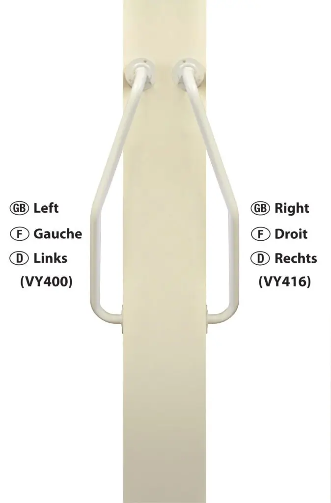 Two Newel Curved Rails are mounted on opposite sides of a vertical pole, labelled "left" (VY400) and "right" (VY416) in English, French, and German.
