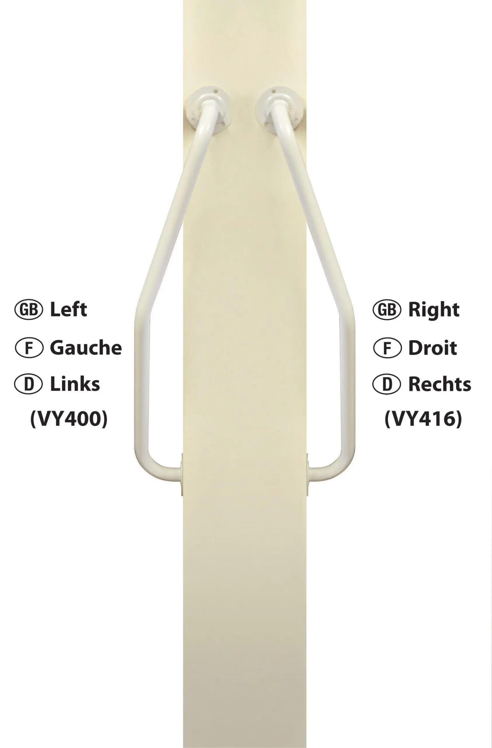 Two Newel Curved Rails are mounted on opposite sides of a vertical pole, labelled "left" (VY400) and "right" (VY416) in English, French, and German.