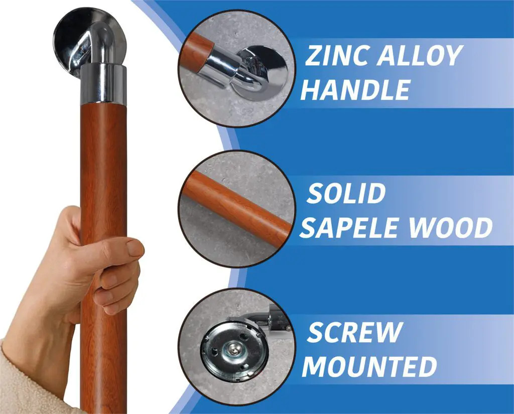 A hand grips the Modern Grab Rail 400mm, highlighting its zinc alloy handle, solid sapele wood shaft, and screw-mounted base—each feature shown in three circular callouts.