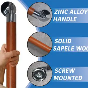 A hand grips the Modern Grab Rail 400mm, highlighting its zinc alloy handle, solid sapele wood shaft, and screw-mounted base—each feature shown in three circular callouts.