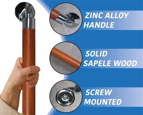 A hand grips the Modern Grab Rail 400mm, highlighting its zinc alloy handle, solid sapele wood shaft, and screw-mounted base—each feature shown in three circular callouts.