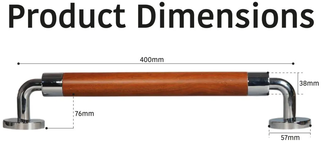 Modern Grab Rail 400mm with wood and metal handle; dimensions: 400mm length, 38mm height, 76mm base to top, and 57mm base width.