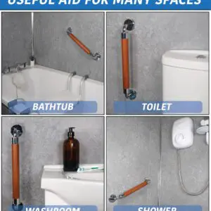 Four images display the Modern Grab Rail 400mm installed by a bath, toilet, sink, and shower, illustrating its use as a supportive aid in multiple locations.