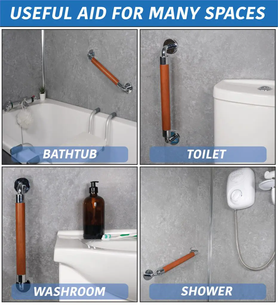 Four images display the Modern Grab Rail 400mm installed by a bath, toilet, sink, and shower, illustrating its use as a supportive aid in multiple locations.