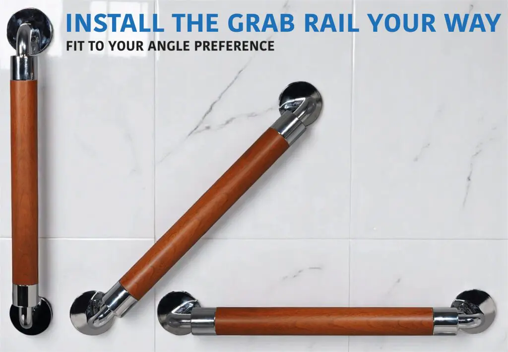 Three Modern Grab Rail 400mm units are mounted at different angles on a white tiled wall, showcasing customisable installation. Text above reads, "Install the grab rail your way.”.